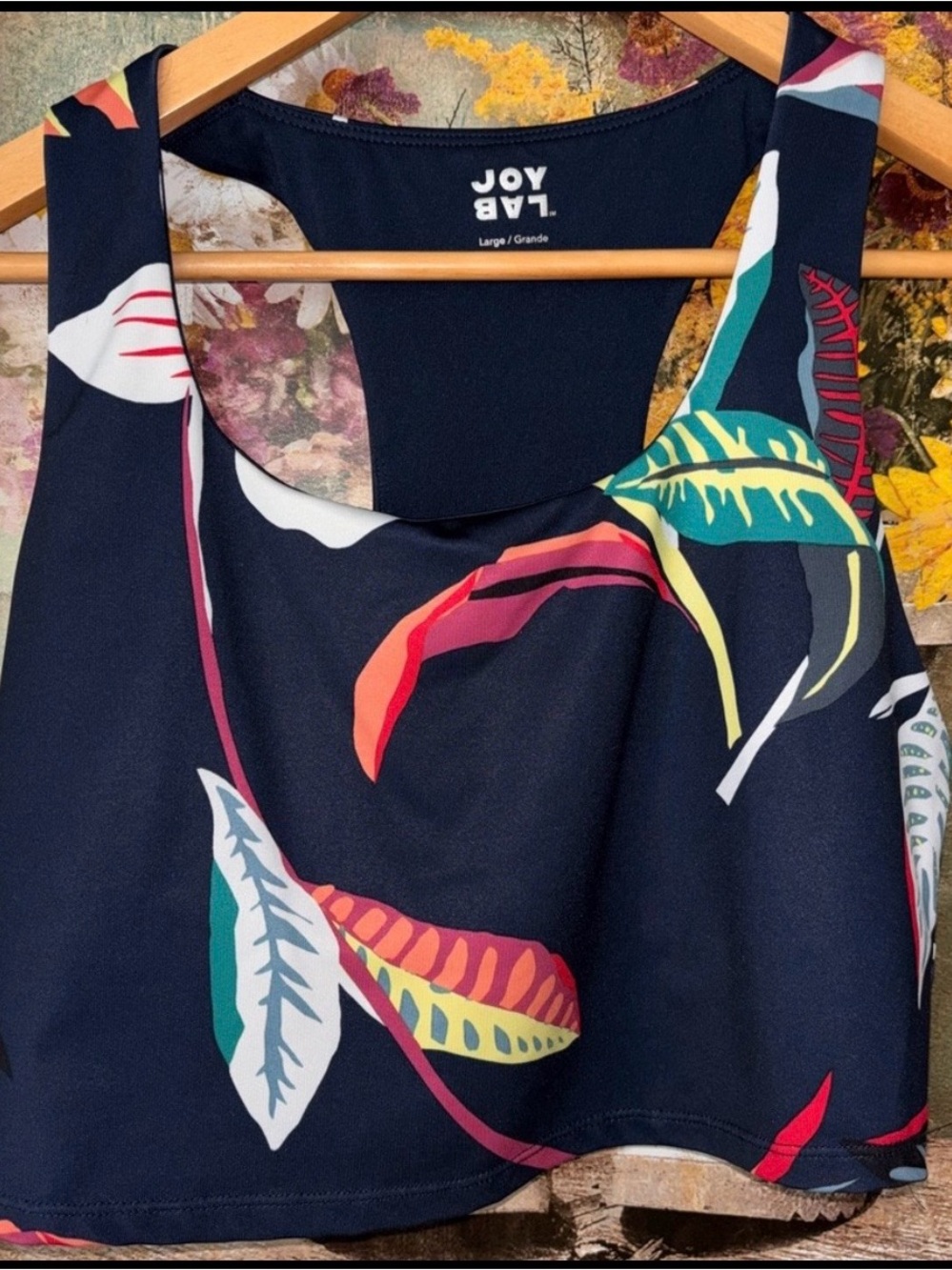 JoyLab Navy Floral Tropical Tank Top with Multi-Color Leaves